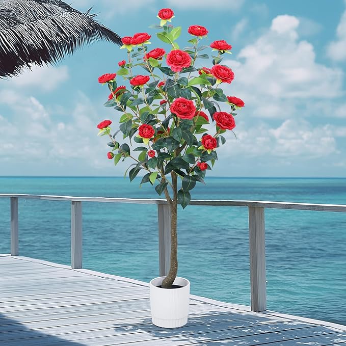 Artificial Camellia Tree 6FT – Nearly Natural Faux Plants Indoor, with Easy Assembly, Low Maintenance, Ideal for Both Indoor Decoration and Other Purposes，Perfect Porch Christmas Trees (Red 6ft)