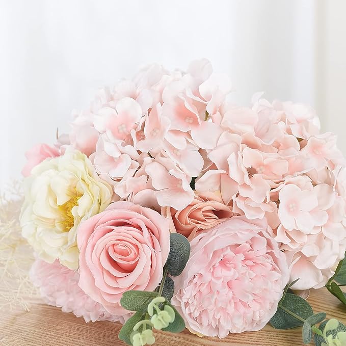 10PCS Artificial Hydrangea Flowers, Fake Hydrangea Silk Flowers Heads with Stems for Wedding Home Party Shop Baby Shower Decoration-Light Pink