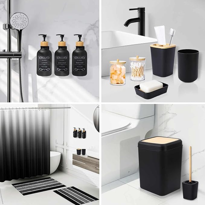 XLHOMO 34PCS Black Bathroom Accessories Sets Complete, with Shower Curtain, Rugs, Trash Can and Toilet Brush, 3PCS 17oz Soap Dispenser Wall Mounted, Toothbrush Holder and Cup, Soap Dish, Qtip Holder