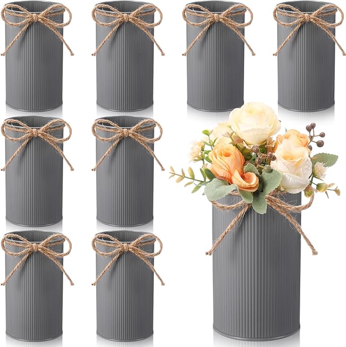 Domensi 5.91 in High Farmhouse Vase Decor Galvanized Metal Flower Vase with Twine Bow Vintage Rustic Tin Flower Buckets for Artificial Floral Table Container DIY(Gray,8 Pcs)