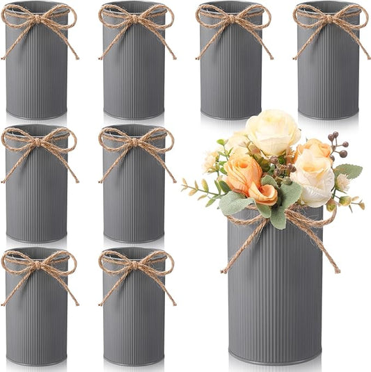 Domensi 5.91 in High Farmhouse Vase Decor Galvanized Metal Flower Vase with Twine Bow Vintage Rustic Tin Flower Buckets for Artificial Floral Table Container DIY(Gray,8 Pcs)