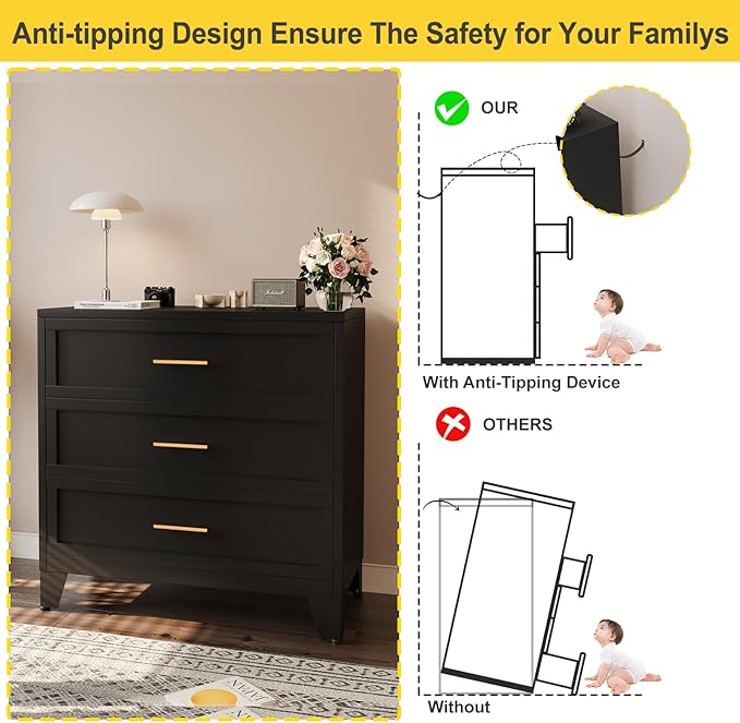 34.25" Tall Metal Dresser for Bedroom, 3 Drawer Black File Cabinet with Gold Handles, Dressers Chests with Fluted Panel, Vertical Drawer Storage Cabinet for Living Room, Entryway, Hallway