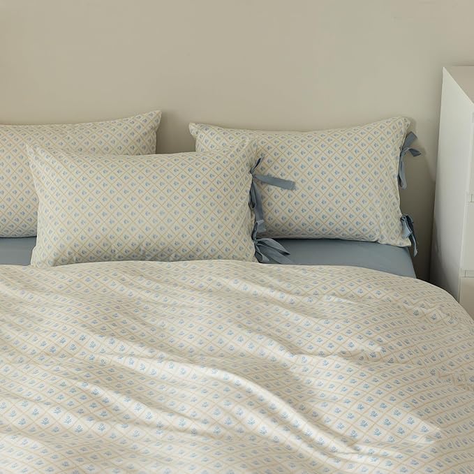 VM VOUGEMARKET Blue Flower Duvet Cover Queen with Plaid Grid Prints,100% Cotton Bedding Set,Aesthetic Comforter Cover for Girls Women 90x90 Inch
