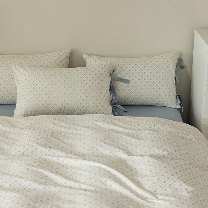 VM VOUGEMARKET Blue Flower Comforter Set Twin White Blue Grid Comforter with 2 Bow Ties Pillowcases Cute Botanical Cottagecore Bedding Sets for Teen Girls-Twin XL