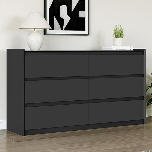 Black Dresser for Bedroom, 54" Wide Chest of Drawers, Simply Modern 6 Drawer Storage Organizer for Closet, Hallway, or Living Room