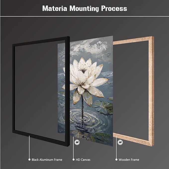 Stunning white lotus emerges from prismatic water with delicate petals background Serene aquatic wall art suitable for modern minimalist decor 20x30in Metal blackFramed