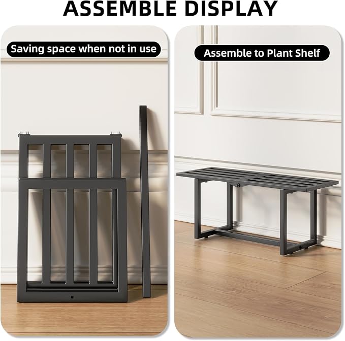 Plant Stand Indoor Outdoor, Foldable Metal Plant Shelf for Multiple Pots, Mid Century Slatted Bench for Patio Garden, Heavy Duty Capacity 330 lbs 2 Pack Black