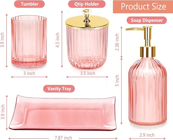 Haturi Bathroom Accessories Set, 4 Pcs Pink Glass Bathroom Accessories Sets Complete w/Lotion Soap Dispenser, Toothbrush Holder, Apothecary Jar, Vanity Tray, Bathroom Decor, Gift for Home Apartment