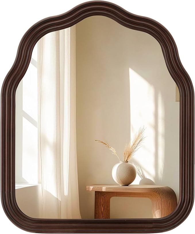 Tanmicoshomy Wood Arch Bathroom Mirror 30x36 Inch, Rustic Wavy Wooden Framed Mirrors with Tempered Glass for Living Room, Bedroom or Entryway (Dark Brown)