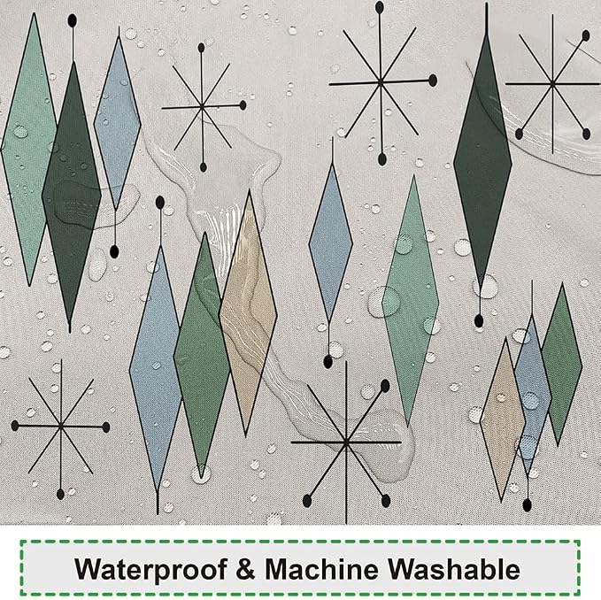 Mid Century Shower Curtain Modern Abstract Diamond Geometric Atomic Starburst Pattern for 1950s Retro Bathroom Decor Accessories Shower Curtain Set with 12 Hooks, 72x78 Inches