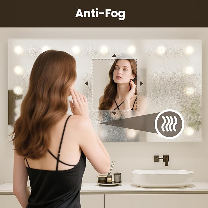 WTTY 60"x28" Hollywood Vanity Mirror with Lights, Wall-Mounted Makeup Mirror with 3 Color Temperatures, Stepless Dimmable Bulbs, Anti-Fog & Shatter-Proof