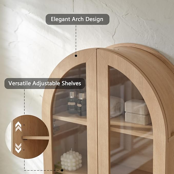 Bathroom Arched Wall Cabinet Over The Toilet Storage Cabinet, 23.5×31.4 Inch bathroom cabinet wall mount with Glass Doors & Adjustable Shelves, Wood Cabinet for Laundry Room, Bedroom Kitchen，Natural