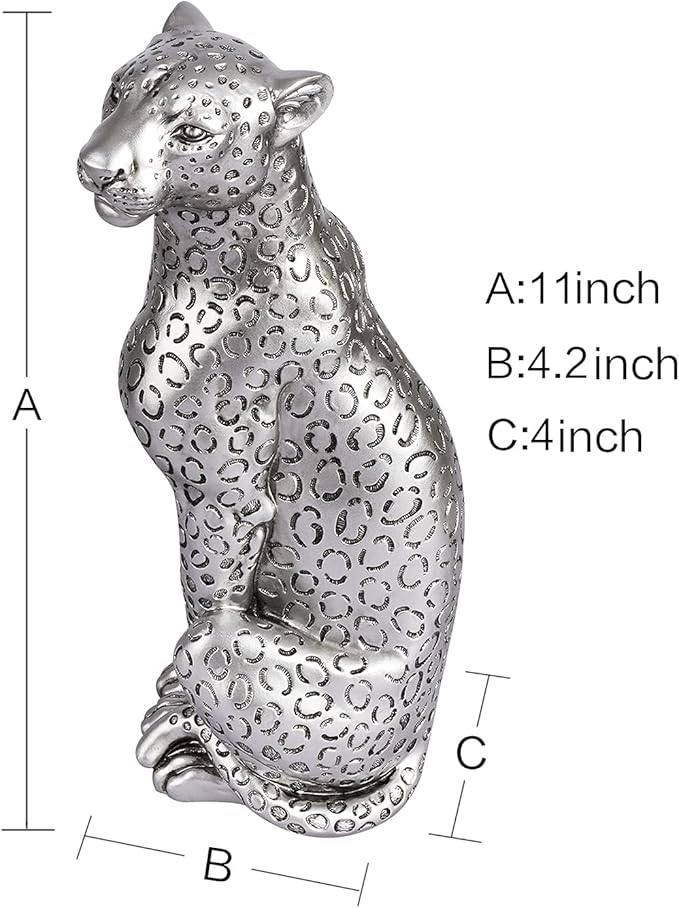 Cheetah Statue Home Decor Leopard Sculpture Resin Sitting Cheetah Figurine Desktop Table Top Ornament Decoration for Home Office Silver