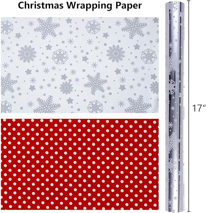 MAYPLUSS Christmas Wrapping Paper Roll - 17IN X 33FT - Christmas Gift Wrapping Paper Featuring Snowflake Against Silver Reversible Polka Dot for Kids, Holiday, New Year
