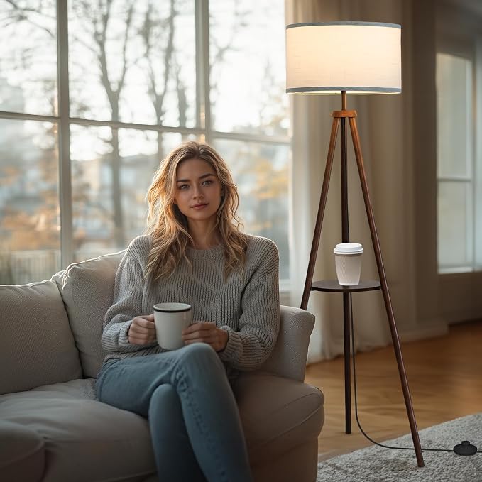 EOEYYOYB Floor Lamp with 3 Light Modes Adjustable– Wood Tripod Floor Lamp Modern LED Standing Lamps with Dimmable Brightness, Perfect for Living Room, Bedroom, and Office, Juglans Nigra