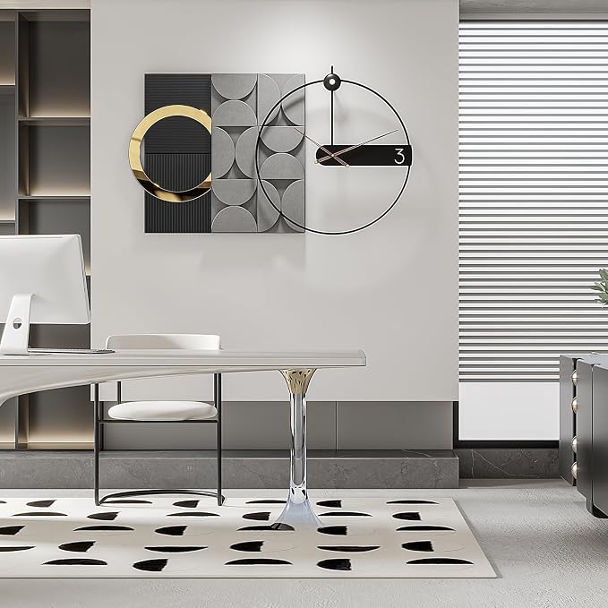 Modern oversized Wall Decor Clock, Large Geometric Decorative Wall Clock with 3D Textured Panels, Silent Non-Ticking Quartz, Black Gold & Grey Wall Art for Living Room Dining Room Office, 41×23.6"