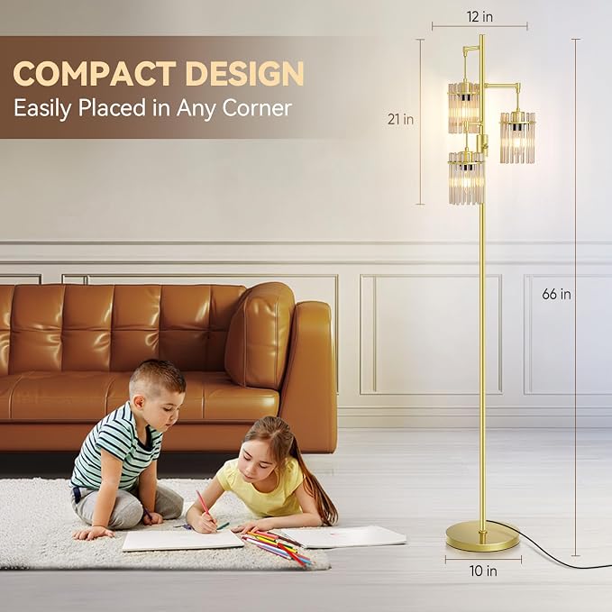 Gold Modern Standing Tall Floor Lamp for Living Room Dimmable, LED Glass Crystal Industrial Tree Lamp for Bedroom, Farmhouse Rustic Home Decor Fancy Light with 3 Bulbs