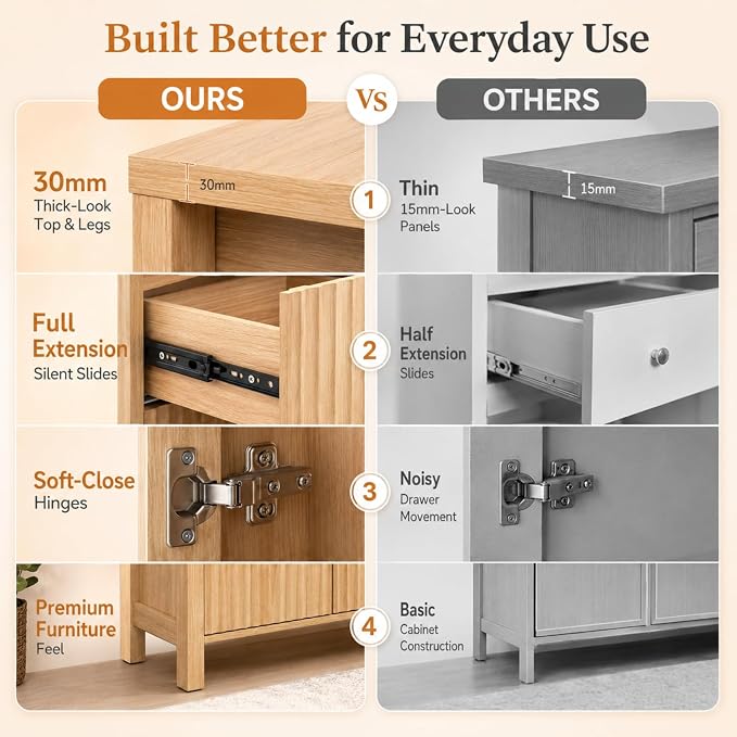 VINGLI Bathroom Storage Cabinet with 3 Drawers & Door, Slim Freestanding Floor Cabinet Organizer for Small Spaces, 30mm Thick-Look Top & Legs, Adjustable Shelf, Modern Fluted Cabinet, Natural Oak
