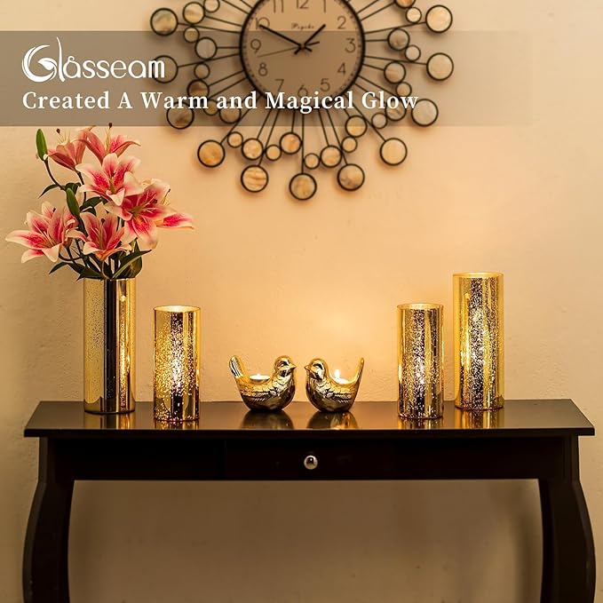 Glasseam Gold Cylinder Vases for Centerpieces: 12 Modern Mercury Hurricane Glass Vase Set for Flowers - Decorative Golden Pillar Candle Holders for Wedding Party Dining Room Table Decor