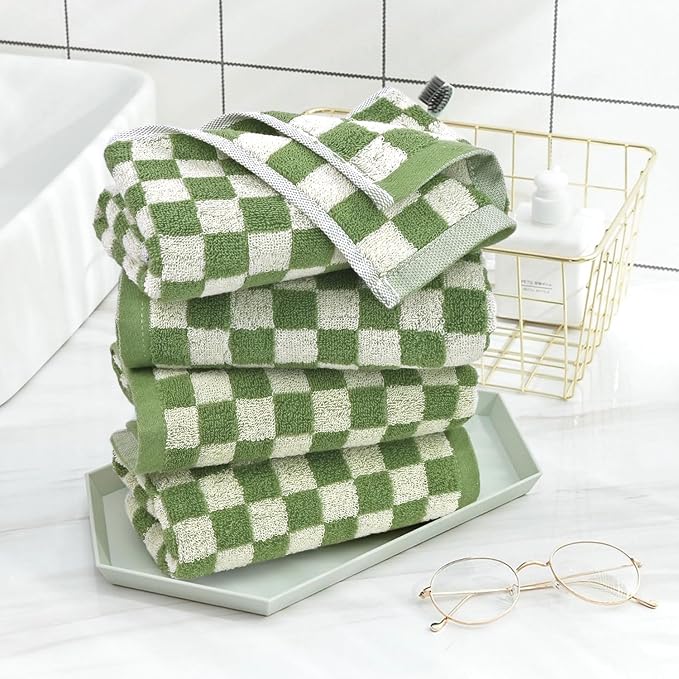 Jacquotha Green Hand Towels for Bathroom Set of 4 - Cute Checkered Bathroom Towels for Kitchen Decor, Lightweight for Bath Face Body