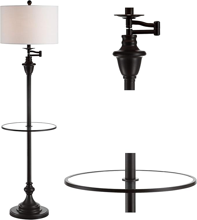 JONATHAN Y 60" Oil Rubbed Bronze Floor Lamp with Integrated Glass Side Table, Modern Swing Arm Standing Lamp for Living Room, White Linen Shade, LED Bulb Included (JYL3055C)