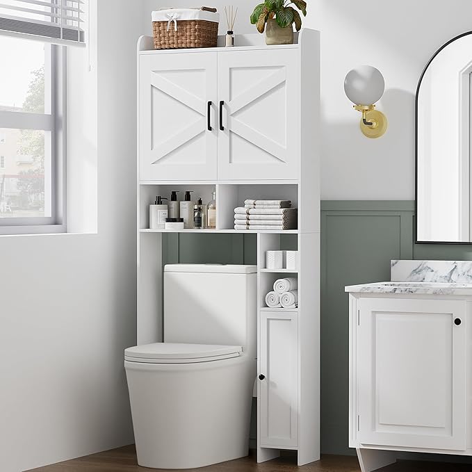 Homhedy Over The Toilet Storage Cabinet, White | 2 Barn Door, Toilet Paper Holder Stand, Freestanding Toilet Shelf, Space Saver, for Bathroom, Restroom, Laundry