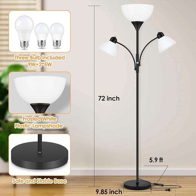 Coucrek Torchiere Floor Lamps for Living Room,72" Dimmable Lamp with 2 Adjustable Reading Lights for Bedroom, Black Tall Standing Room Lamp, 3 Bulbs Included