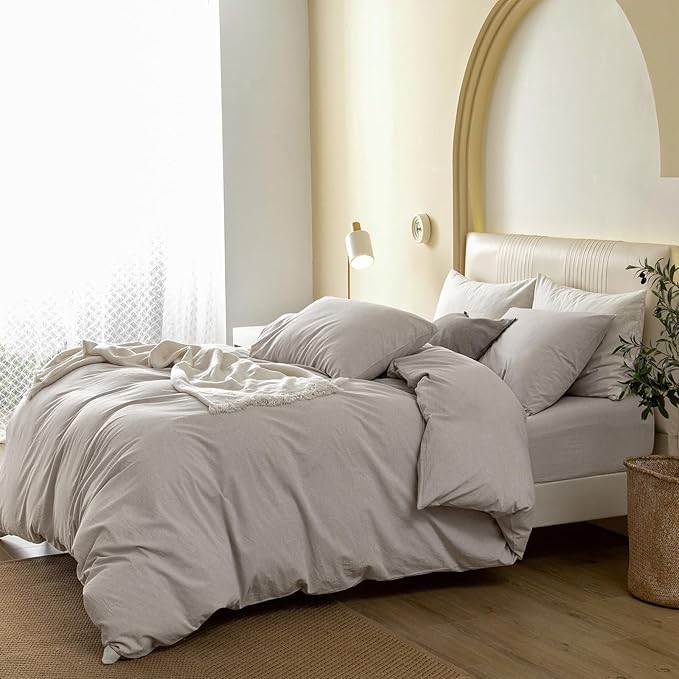 JIYUAN 100% Washed Cotton Duvet Cover Set 3 Pieces King, 1 Duvet Cover 104x90 Inches(Comforter Not Included) and 2 Pillowcases,Linen Feel Bedding Set Comfy and Breathable, Heathered Cream Grey
