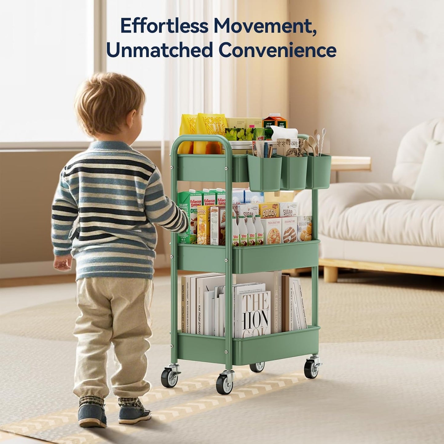 YASONIC 3-Tier Rolling Cart - Green Mesh Storage Organizer with Lockable Wheels & Hooks | 66 lbs Capacity