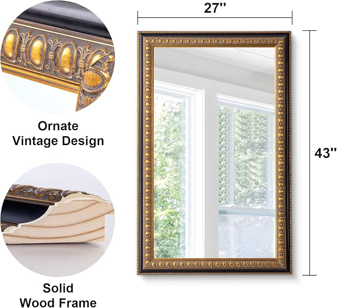 Vintage Gold Mirror for Wall Decor, 43" L x 27" W Baroque Mirror with Carved Frame and Handmade Aged Gold Finish, Rectangular Wood Mirrors for Living Room Bathroom Fireplace
