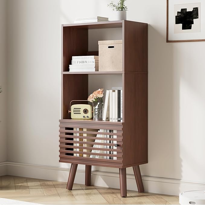 Small Bookcase, 43" H Open Shelf Cube Bookshelf with Slatted Door, Mid-Century Bookcase with 3 Cubes, Open Shelves Display Storage Cabinet for Living Room, Home Office, Walnut