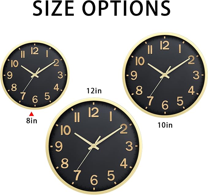 Wall Clocks Battery Operated 8 inch Modern Wall Clock,Silent Non Ticking Wall Clock for Living Room Bedroom Kitchen Office Classroom Decor (Black Gold)