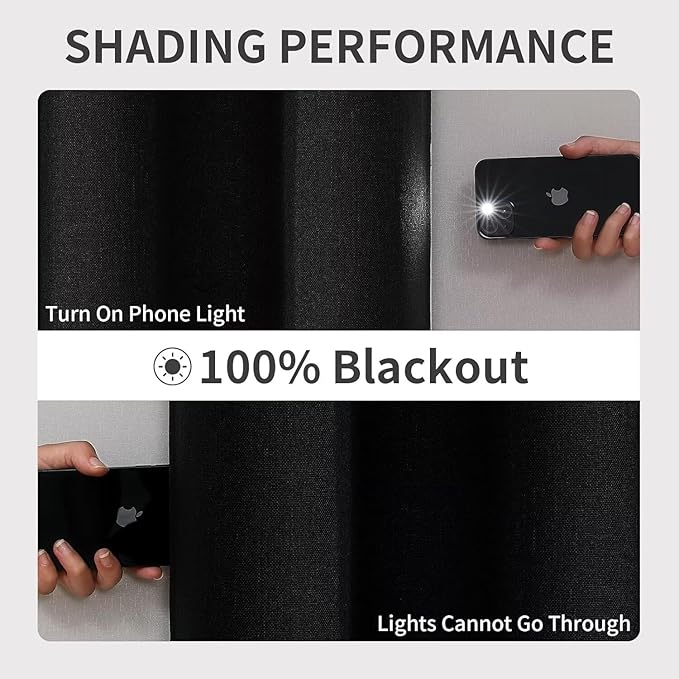 Joydeco Black Blackout Curtains 90 Inches Long, Curtains 90 Inch Length 1 Panel for Bedroom, Thermal Insulated Linen Black Out Curtains with Grommets(100x90, Black)