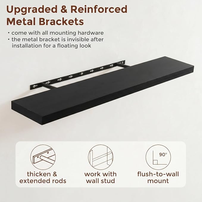 fuqing 40 Inch Floating Shelves | 6.7 Inch Deep Black Shelves for Wall Set of 2 | 40''W x 6.7''D x 1.4''H Black Wood Shelves for Living Room Bathroom Bedroom Kitchen Home Office