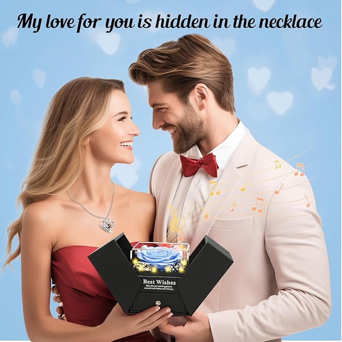 Christmas Birthday Gifts for Women - Preserved Real Rose with I Love You Heart 100-Language Necklace, LED Lights & Music Gift Box, Christmas for Women Girlfriend Mom
