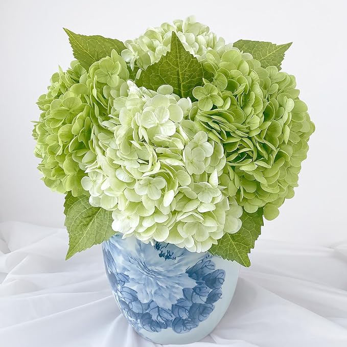 4PCS Green Artificial Hydrangeas, 21” Latex Silk Real Touch Lifelike Hydrangea Artificial Flowers,Large Faux Flowers for Wedding Outdoor Kitchen Table Home Garden