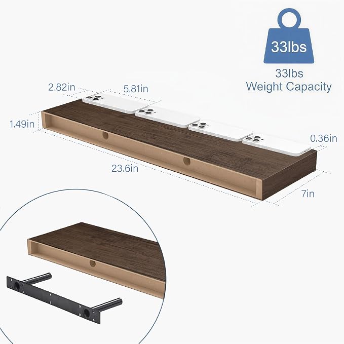 Floating Shelves for Wall, Bathroom Shelves Over Toilet, Wall Shelves & Book Shelf for Room, Hanging Shelf, Modern Wooden Mounted Floating Shelves, 24x7x1.5 in (Smoke Gray, Set of 2)