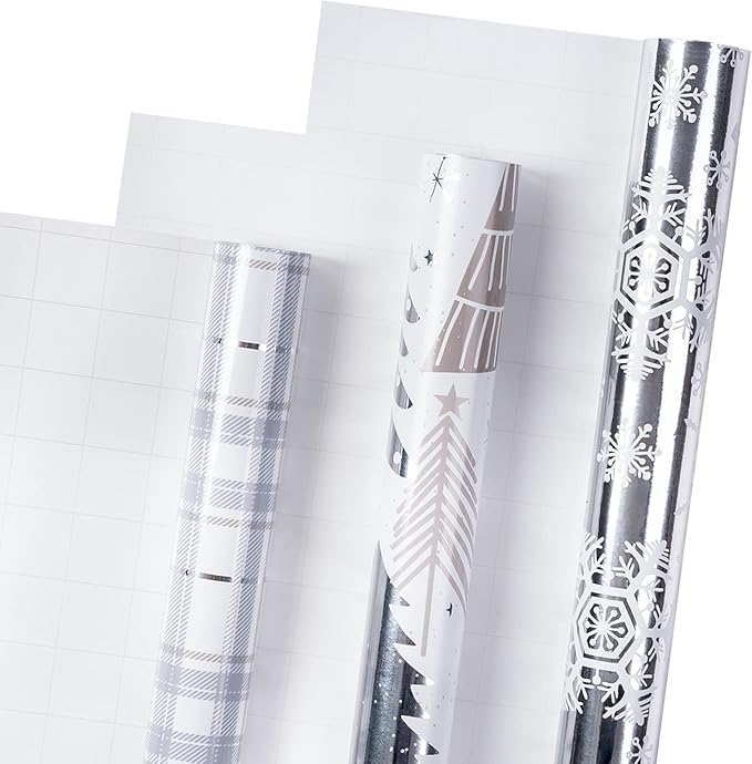 LeZakaa Christmas Wrapping Paper Mini Roll, Silver Metallic Foil Paper - Tree/Snowflake/Plaid Design for Gift Wrap, Arts Crafts - 17 x 120 inches - 3 Rolls (42.5 sq.ft.ttl.)