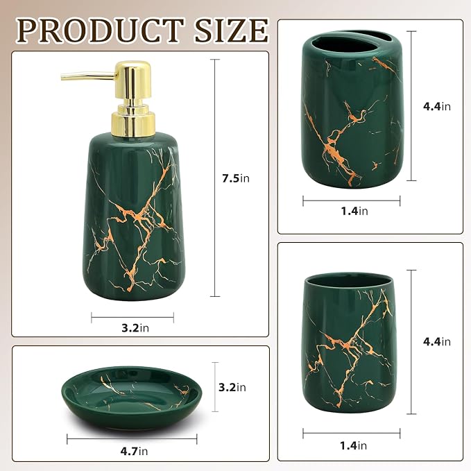 CERBIOR Bathroom Accessories Set,4 Pcs Ceramic Bathroom Decor Accessory,Includes Toothbrush Holder, Toothbrush Cup, Soap Dish for Decorative Countertop and Housewarming Gift(Green 4pcs)
