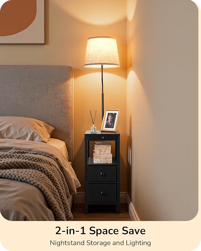 EDISHINE Floor Lamp with Table, USB-A+Type-C Port, Dimmable Bedside Floor Lamp with Shelves, Farmhouse Remote Nightstand Light for Living Room, Bedroom, Den, Office, Bulb Included, Black