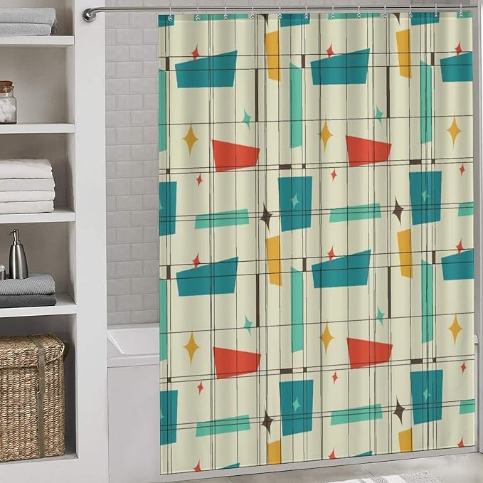 Geometric Shower Curtain for Bathroom, Pastel Mid Century Modern Abstract Geo Print Patterned Retro Style Teal Turquoise Waterproof Fabric Shower Curtain Set with Hooks, 72"x78" Inch