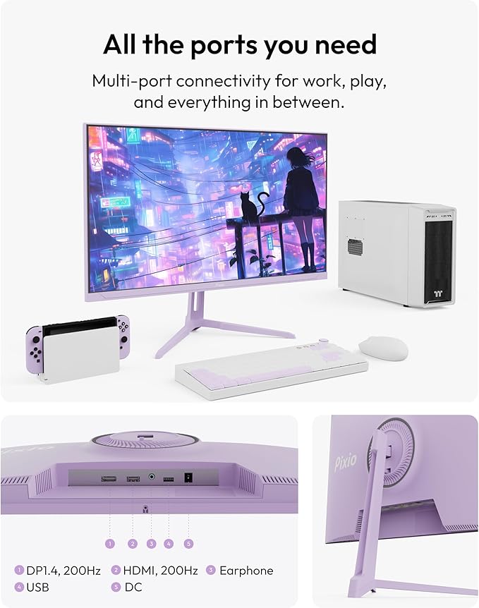 Pixio PX248 Wave Purple 24 inch 200Hz Refresh Rate FHD 1080p Resolution Fast IPS Panel 1ms GTG Response Time Built-in Speakers Gaming Monitor with Adaptive Sync
