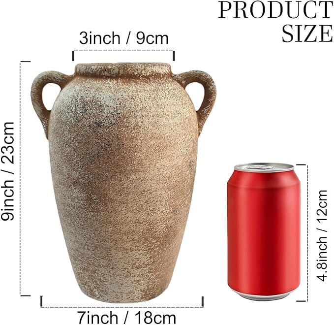 Ceramic Flower Vase with Handles Home Decor - 9 Inch Farmhouse Rustic Table Vases Living Room Decoration Decorative Vintage Pottery for Kitchen Shelf Dining Bookshelf Fireplace Centerpiece (Rustic-9")