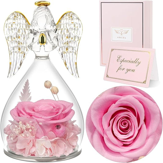 Sunia Preserved Flower Rose Gift for Women - Mother's Day Birthday Gifts for Mom Wife Grandma, Glass Angel Figurines Forever Real Roses Gifts for Her Valentine Day Thanksgiving﻿ (Pink)