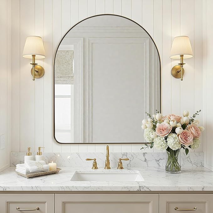 ANDY STAR Arched Mirror, 30 x 36 Inch Gold Wall Mirror in Stainless Steel Metal Frame, Arch Top Rounded Corner 1 Inch Deep Set Design Wall Mount Hangs Vertical