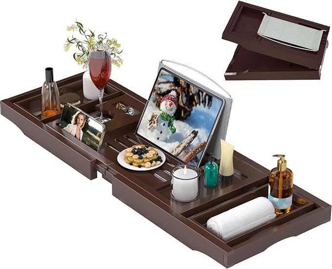 Bathtub Caddy Tray for Tub,Foldable Bath Table Trays,Bamboo Shelf with Book and Wine Glass Holder,Bathroom Accessories Suitable for Luxury Spa or Reading,Brown