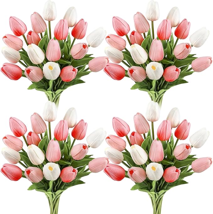 Janinka 60pcs Artificial Tulip Flowers Fake PU Tulips Faux Latex Bouquet Flower Centerpieces Arrangement Floral for Mother Day Wedding Spring Decorations (Dark Pink,Light Pink,White)