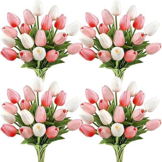 Janinka 60pcs Artificial Tulip Flowers Fake PU Tulips Faux Latex Bouquet Flower Centerpieces Arrangement Floral for Mother Day Wedding Spring Decorations (Dark Pink,Light Pink,White)