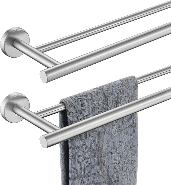 JQK Double Bath Towel Bar, 20.5 Inch 304 Stainless Steel Thicken 0.8mm Towel Rack Bathroom, Towel Holder Brushed Finished Wall Mount, Useable Length 18 Inch 2 Pack, TB100L18-BN-P2