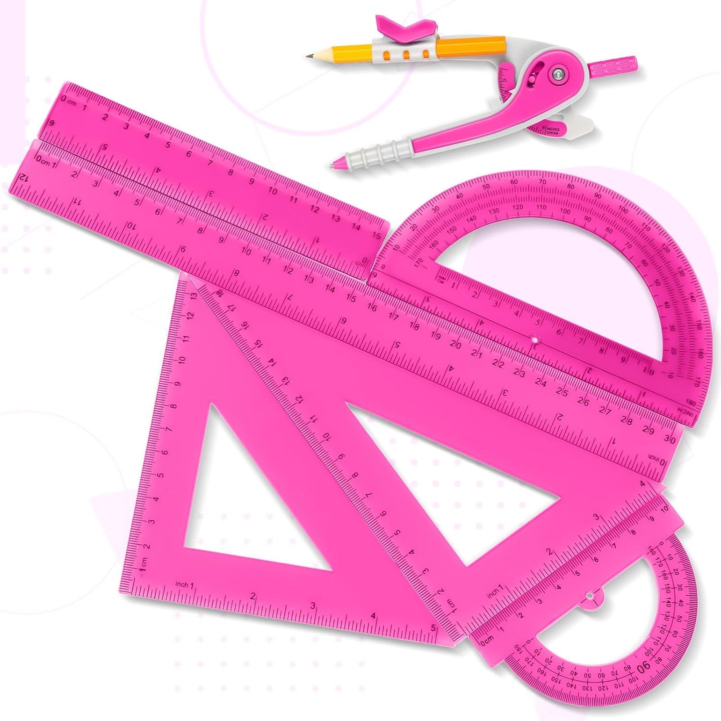 Zonon Geometry Math Set - 7-Piece Plastic Kit with Protractor, Compass, Rulers | Pink